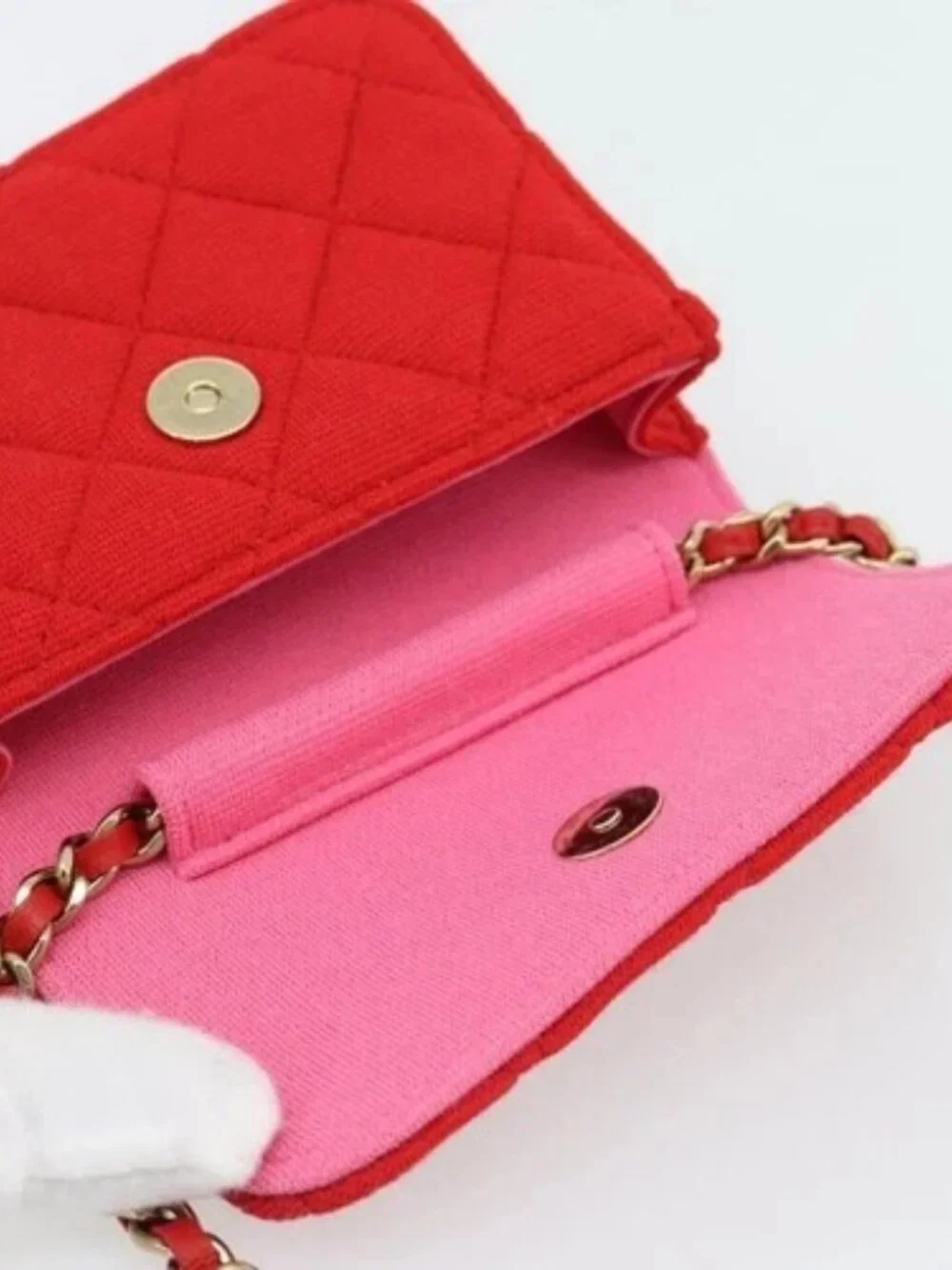 CHANEL Chain Mini Matelasse 12 Shoulder Bag Cotton Red Gold CC Auth 182786SM